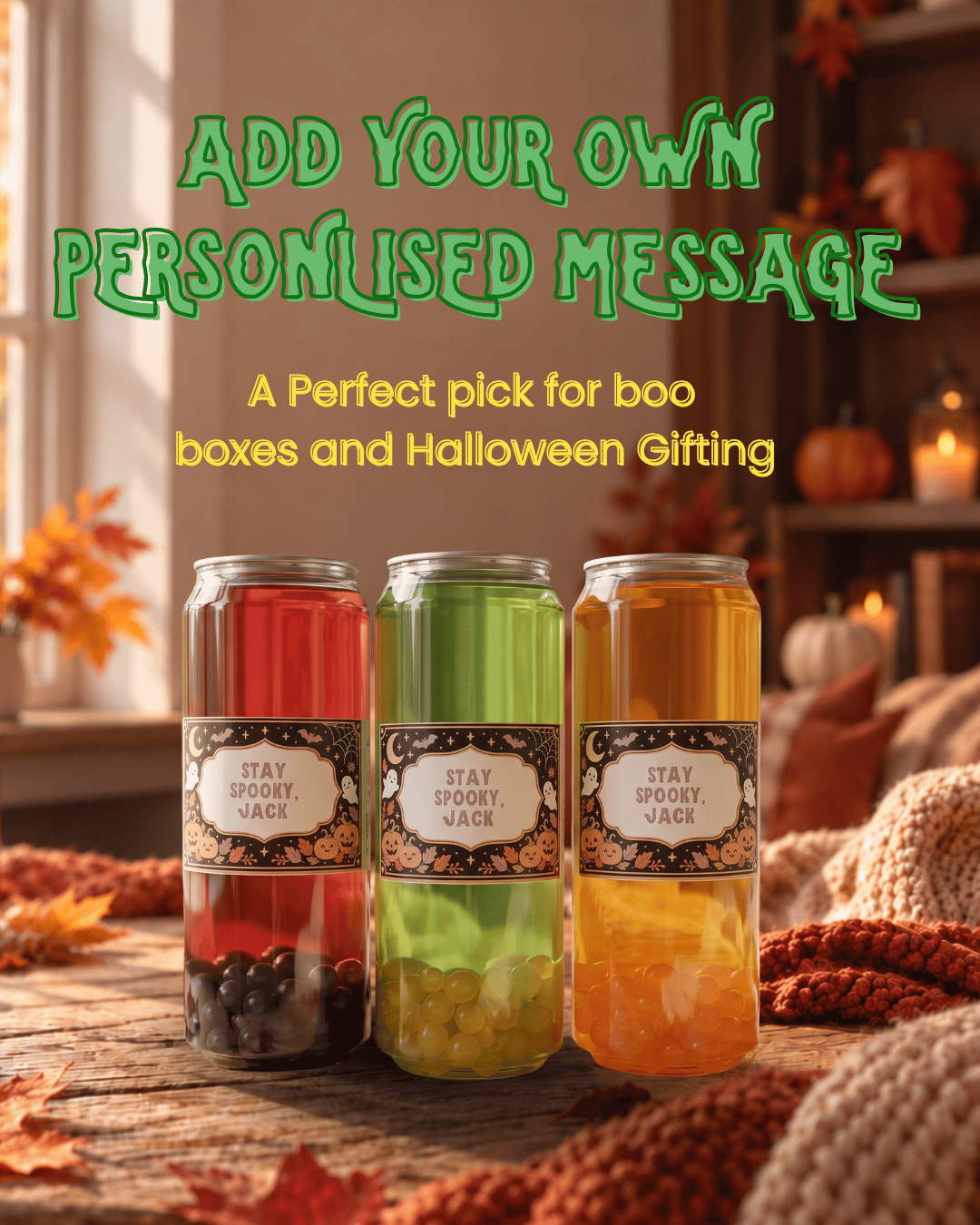 Three bubble tea cans with personalised ‘Stay spooky, Jack’ Halloween labels, beneath text promoting custom messages and Halloween gifting.
