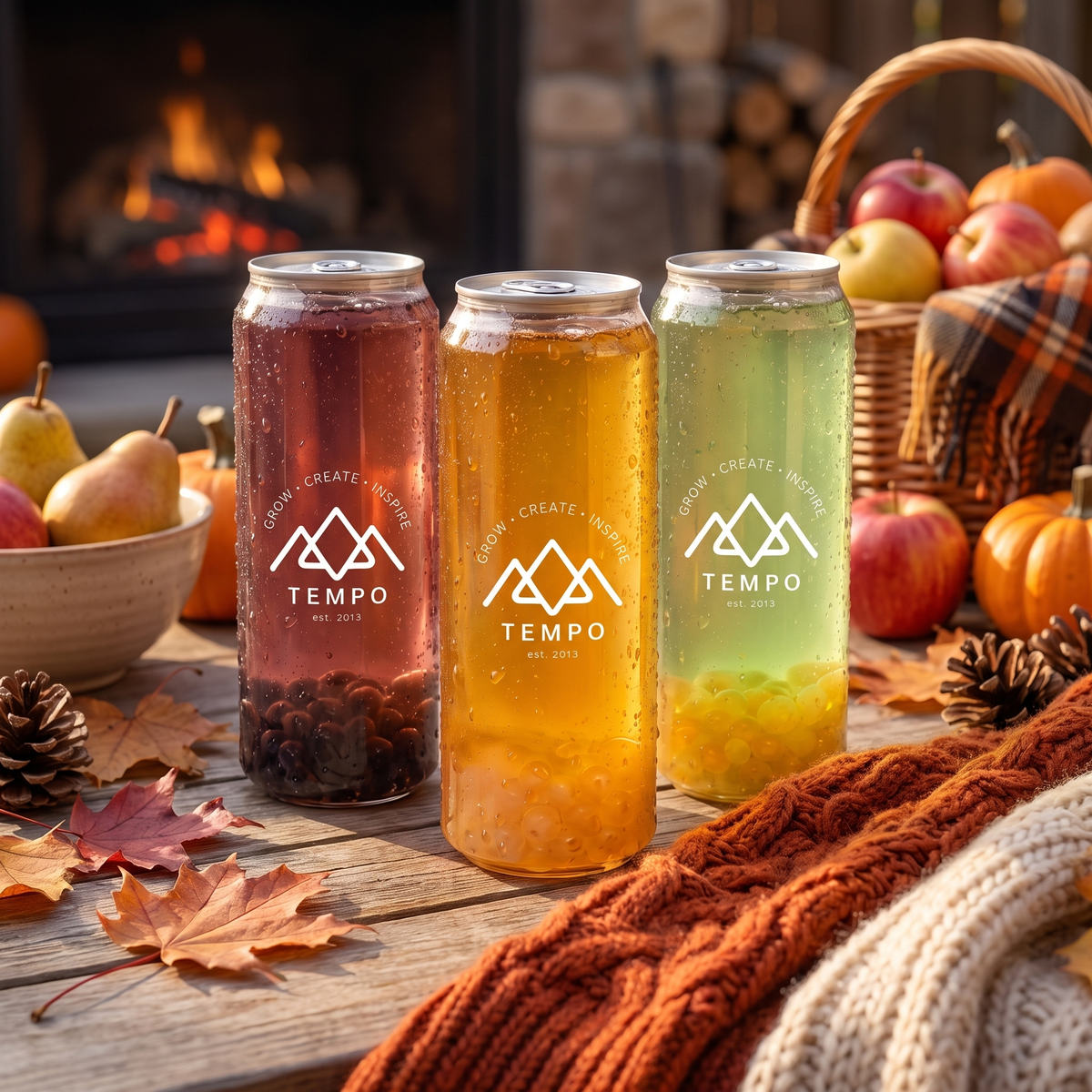 Three Tempo bubble tea cans on a wooden table with autumn leaves, pumpkins and knitted blankets beside a glowing fireplace.