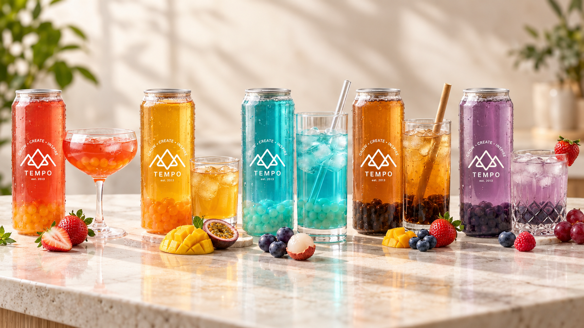 “Five Tempo fruit bubble tea cans alongside matching serving glasses with popping boba.”