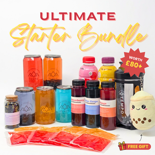 Ultimate Bubble Tea Starter Bundle with various drinks and products on a white background