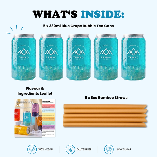 Bubble Tea Cans | Blue Grape Fruit Tea with Lychee Popping Boba - 5 Pack (330ml)