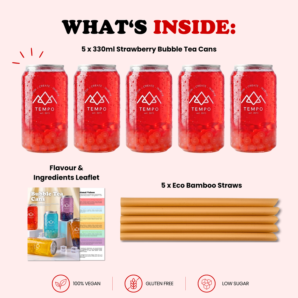 Bubble Tea Cans | Strawberry Fruit Tea with Mango Popping Boba - 5 Pack (330ml)