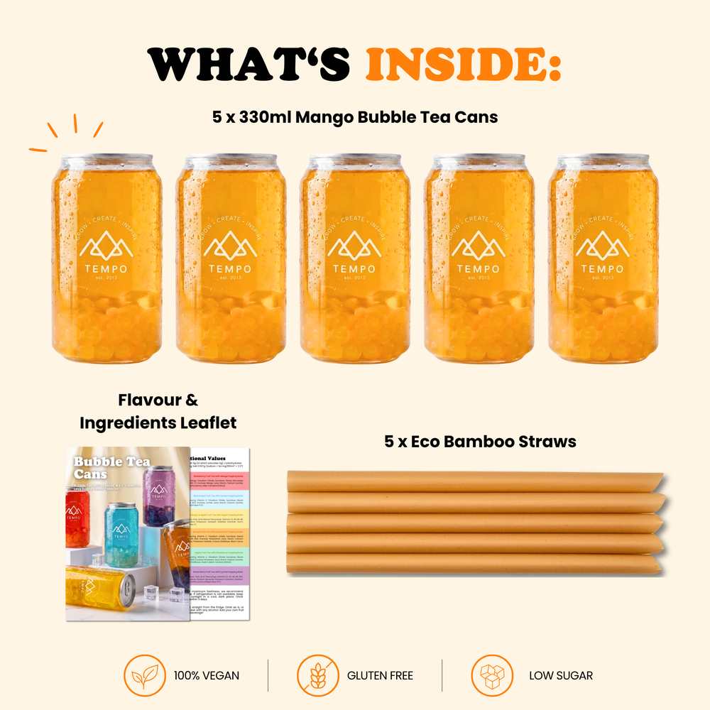 Bubble Tea Cans | Mango Fruit Tea with Passionfruit Popping Boba - 5 Pack (330ml)