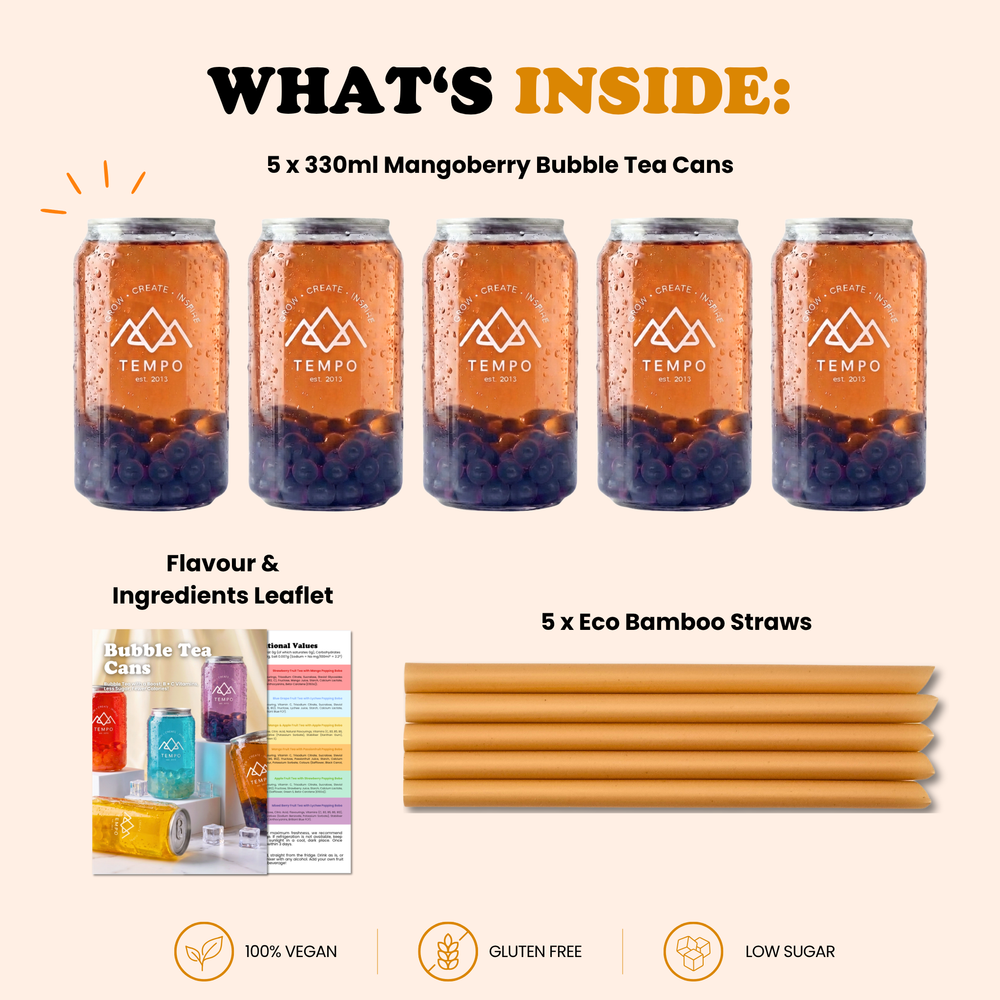 Bubble Tea Cans | Mangoberry Fruit Tea with Blueberry Popping Boba - 5 Pack (330ml)