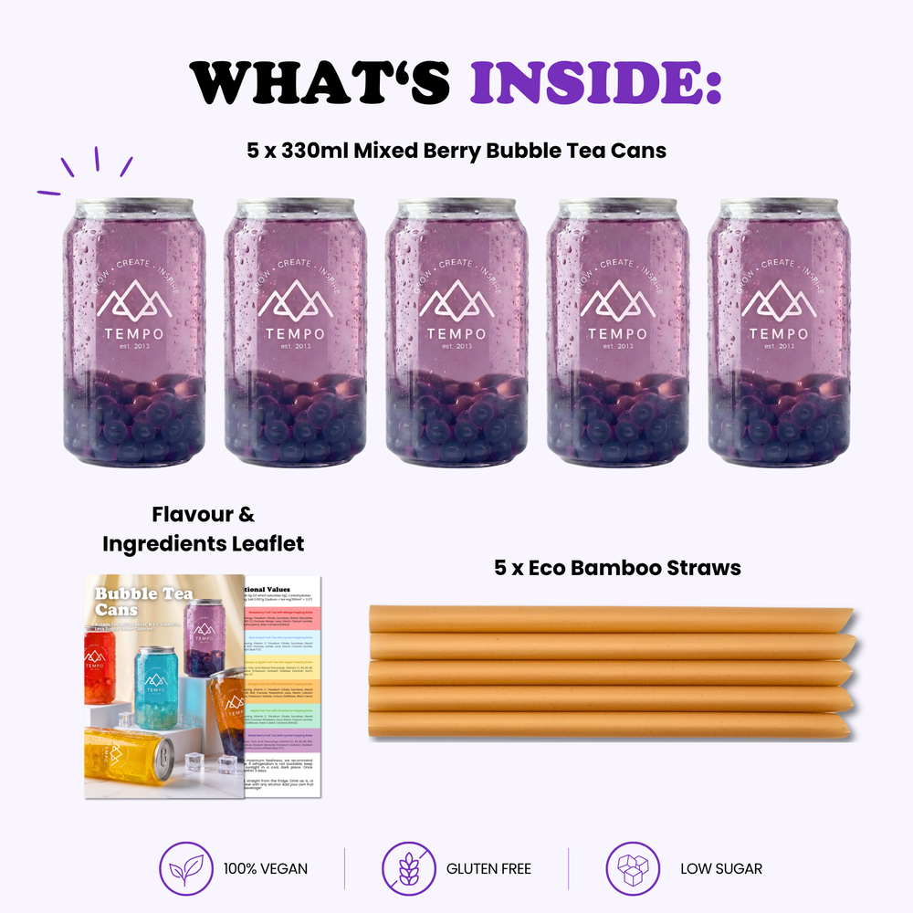 Bubble Tea Cans | Mixed Berry Fruit Tea with Blueberry Popping Boba - 5 Pack (330ml)