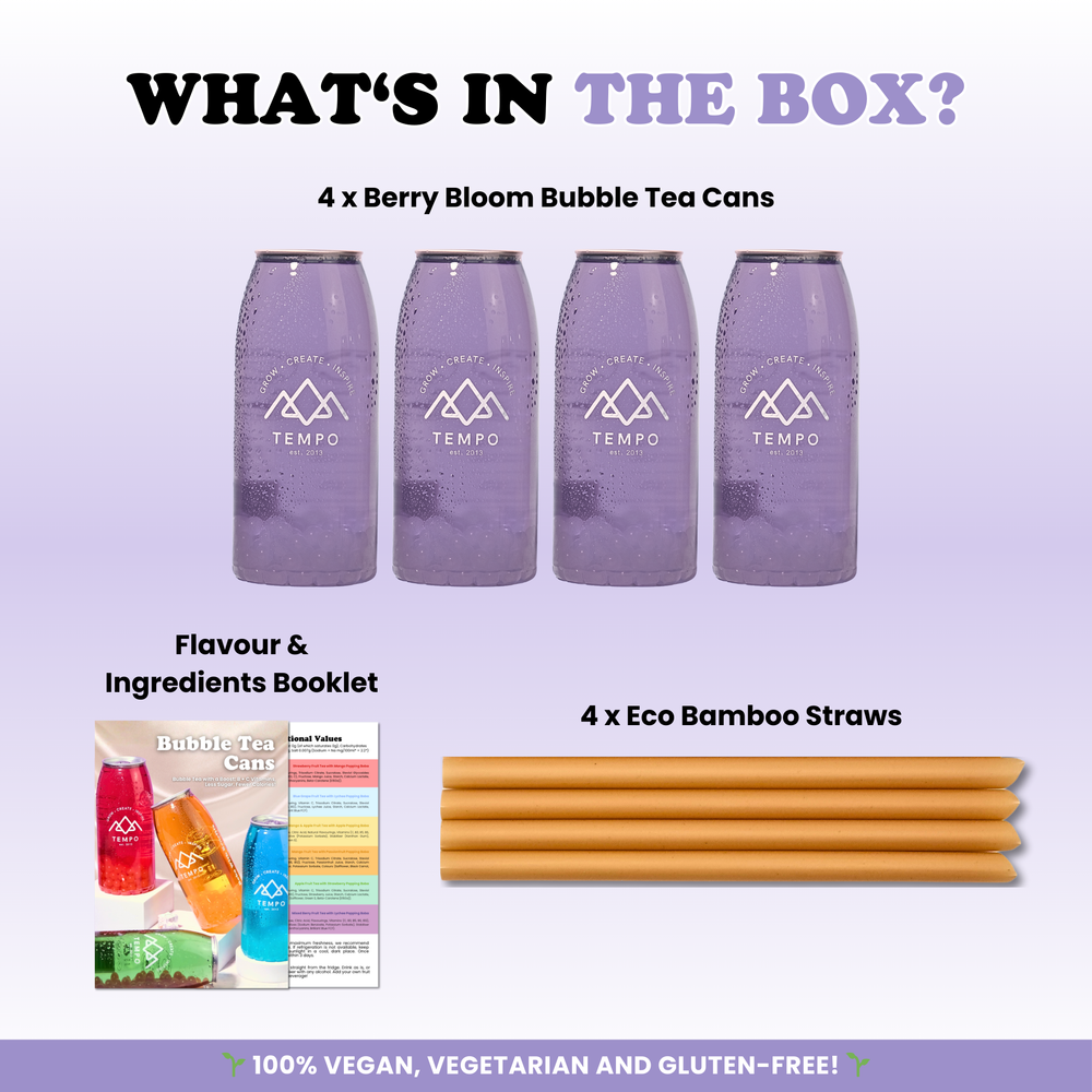Bubble Tea Cans | Berry Bloom (Mixed Berry Fruit Tea with Lychee Popping Boba) - 4 Pack Bubble Tea Tempo Tea Bar 