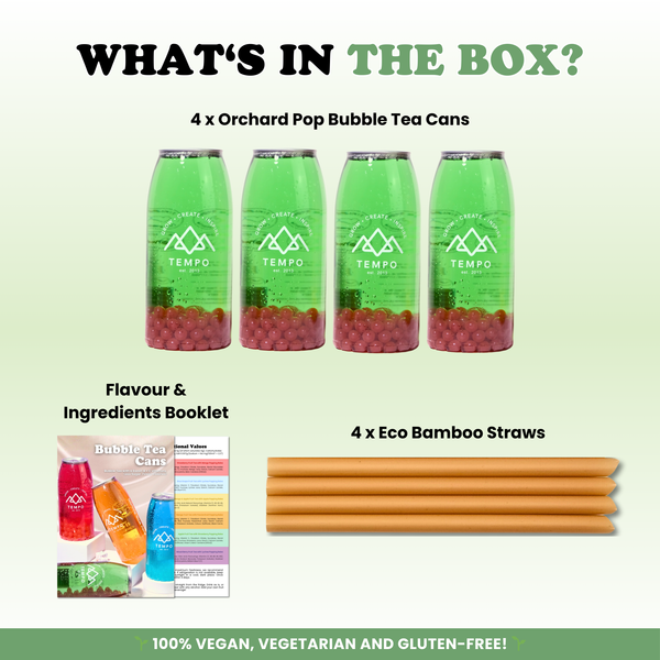 Bubble Tea Cans | Orchard Pop (Green Apple Fruit Tea with Strawberry Popping Boba) - 4 Pack