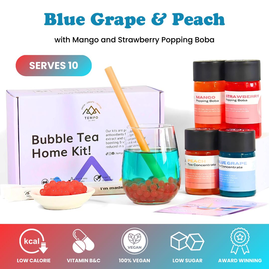 Bubble Tea Kit | Blue Grape & Peach Fruit Tea with Strawberry & Mango Popping Boba (serves 10) Bubble Tea Kit Tempo Tea Bar 