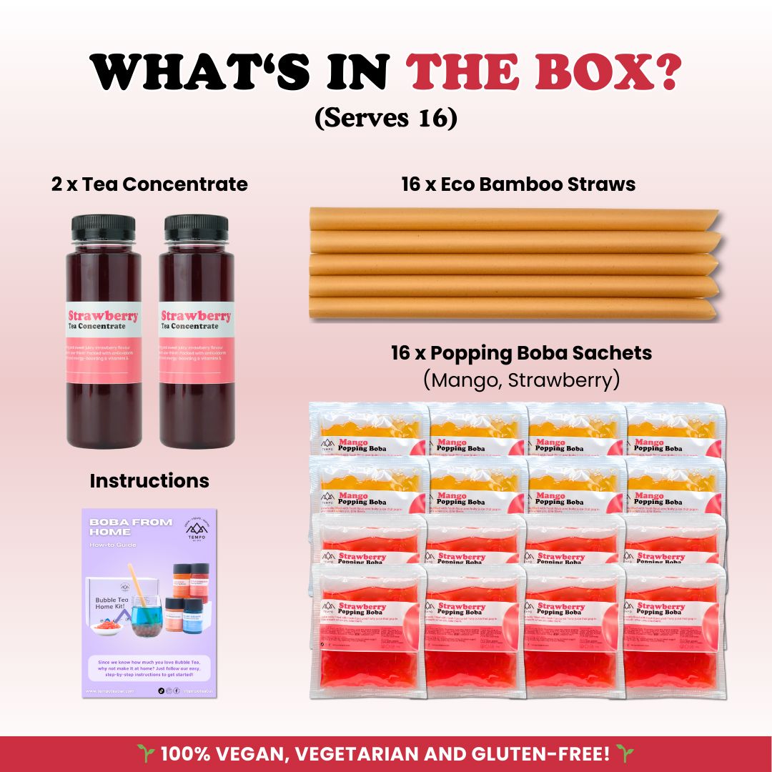 Bubble Tea Kit | Strawberry Fruit Bubble Tea with Popping Boba Bubble Tea Kit Tempo Tea Bar 