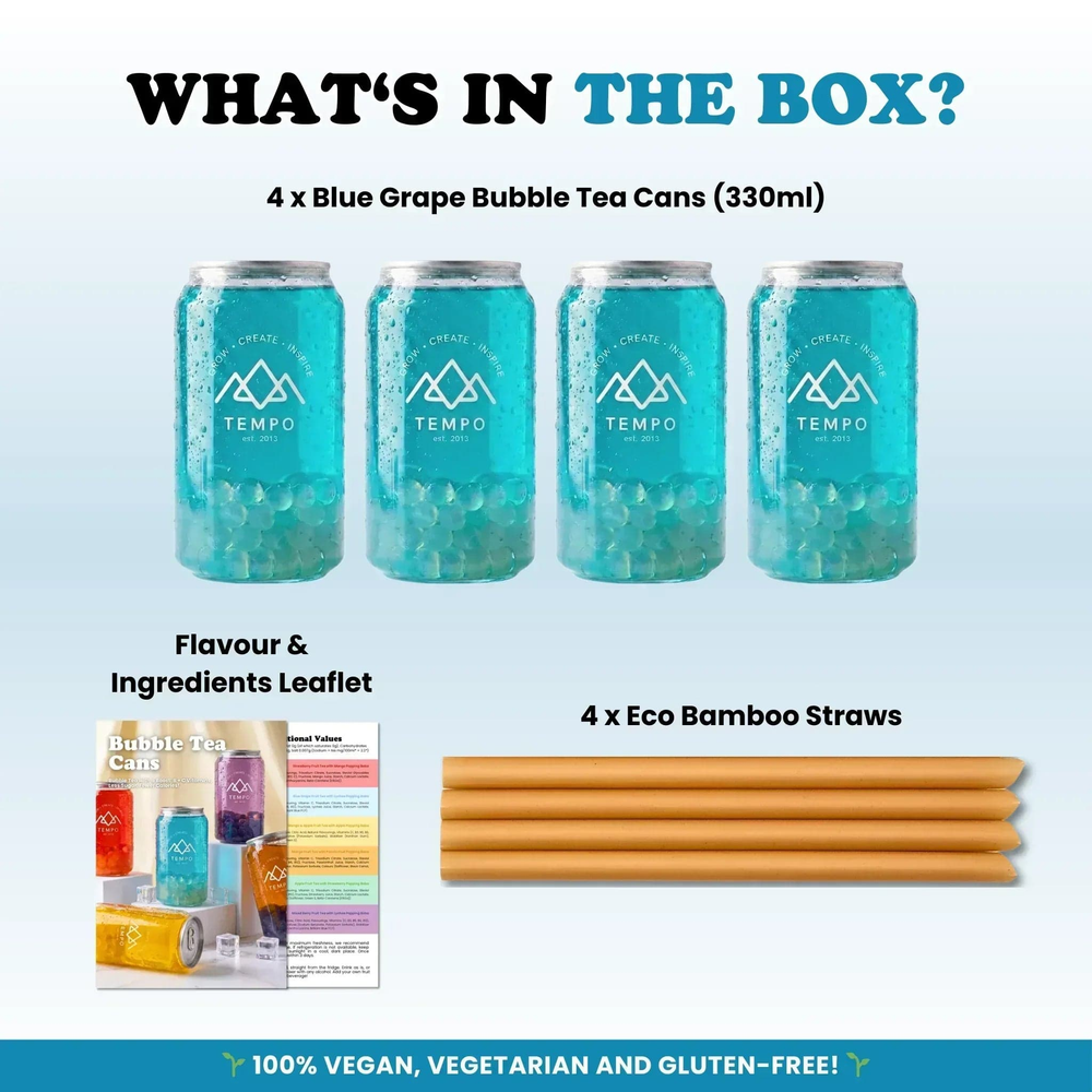 Tempo Tea Bar Bubble Tea Bubble Tea Cans | Blue Grape Fruit Tea with Lychee Popping Boba - 4 Pack (330ml)