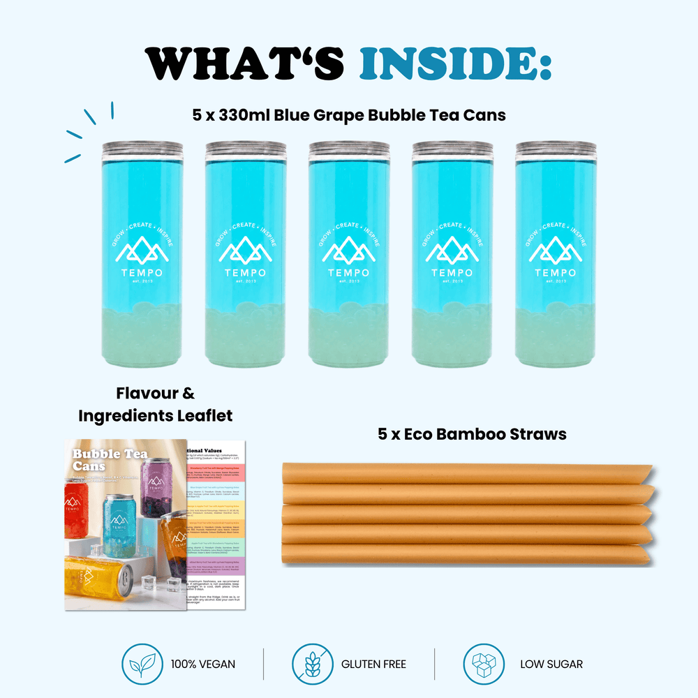 Tempo Tea Bar Bubble Tea Bubble Tea Cans | Blue Grape Fruit Tea with Lychee Popping Boba - 5 Pack (330ml)