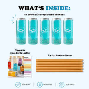 Tempo Tea Bar Bubble Tea Bubble Tea Cans | Blue Grape Fruit Tea with Lychee Popping Boba - 5 Pack (500ml)