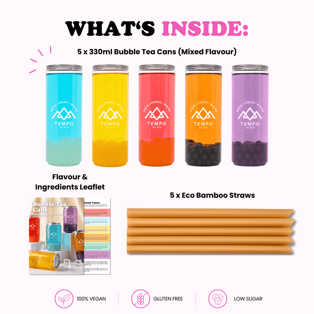 Tempo Tea Bar Bubble Tea Bubble Tea Cans | Fruity Fun - Mixed 5 Pack (330ml)