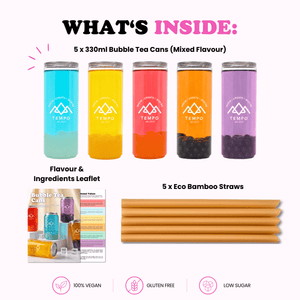 Tempo Tea Bar Bubble Tea Bubble Tea Cans | Fruity Fun - Mixed 5 Pack (330ml)