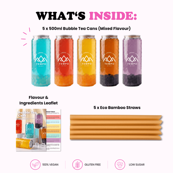 Tempo Tea Bar Bubble Tea Bubble Tea Cans | Fruity Fun - Mixed 5 Pack (500ml)