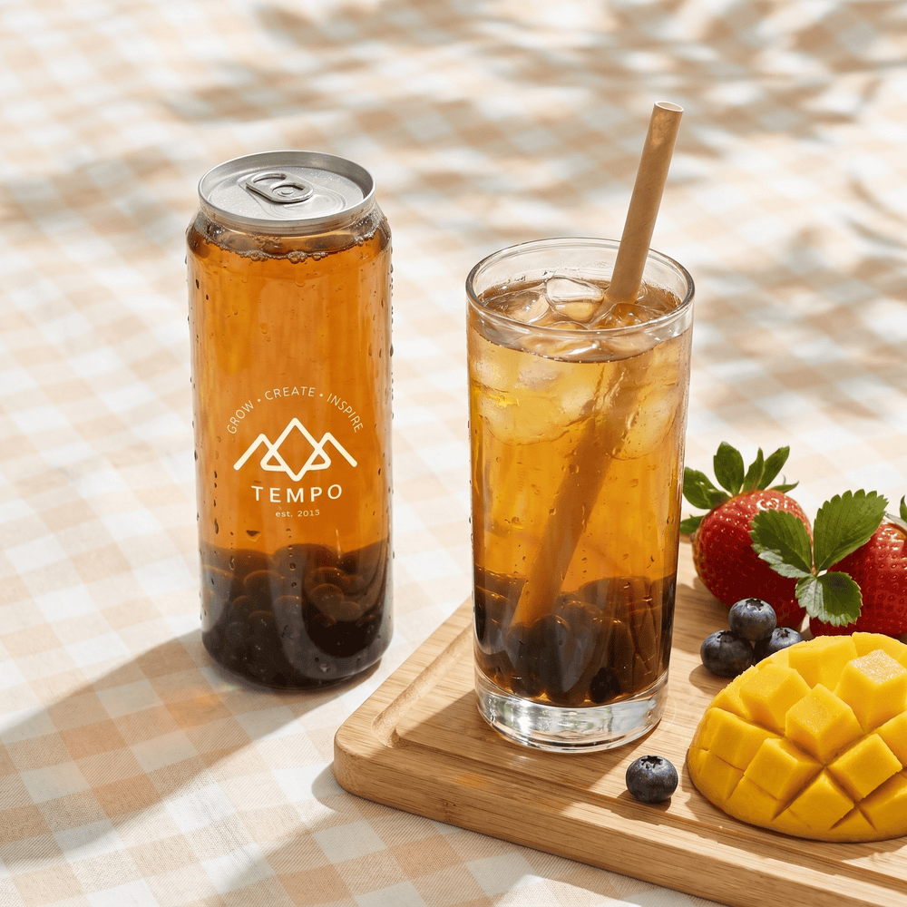 Tempo Tea Bar Bubble Tea Bubble Tea Cans | Mangoberry Fruit Tea with Blueberry Popping Boba - 5 Pack (500ml)