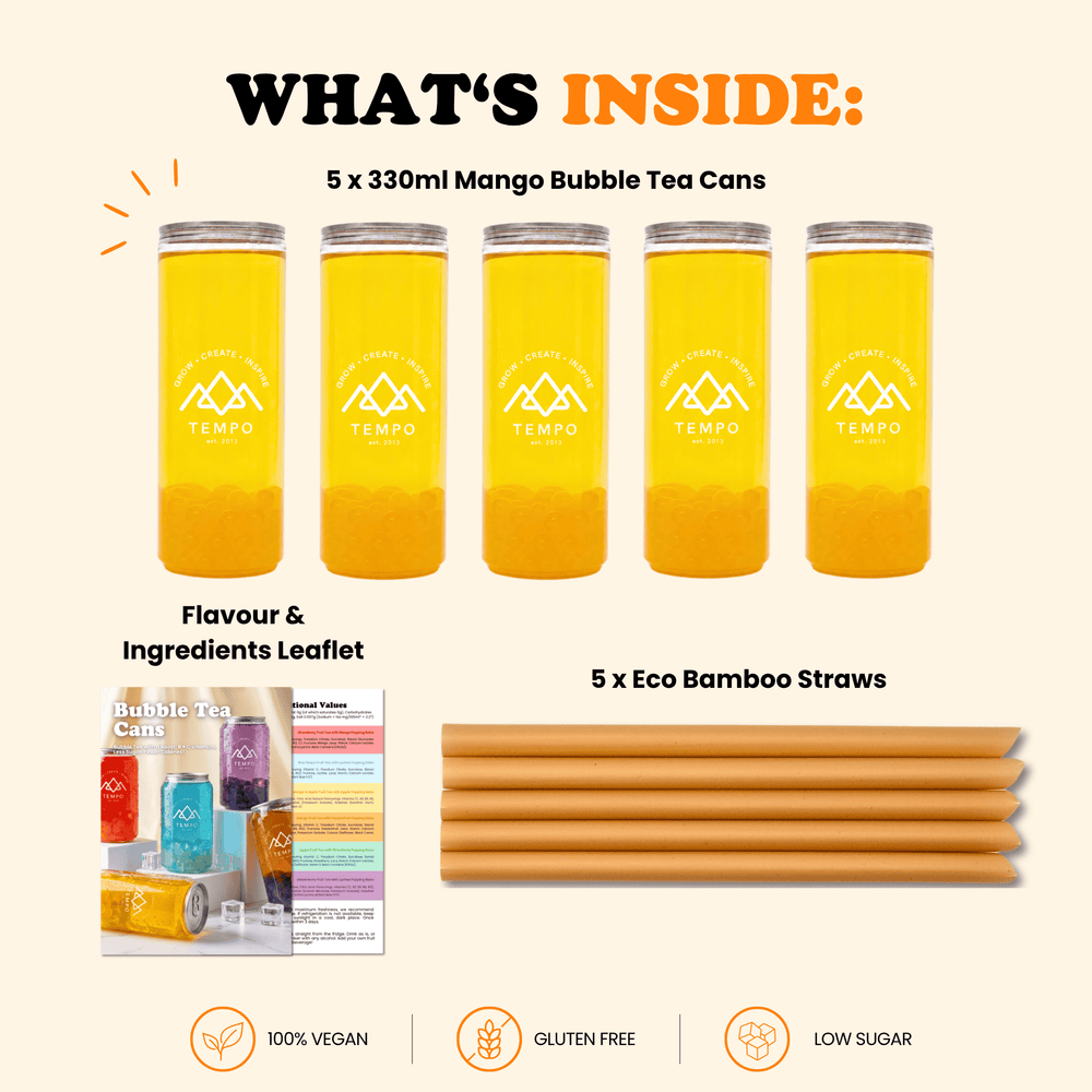 Tempo Tea Bar Bubble Tea Bubble Tea Cans | Mango Fruit Tea with Passionfruit Popping Boba - 5 Pack (330ml)