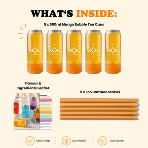 Tempo Tea Bar Bubble Tea Bubble Tea Cans | Mango Fruit Tea with Passionfruit Popping Boba - 5 Pack (500ml)