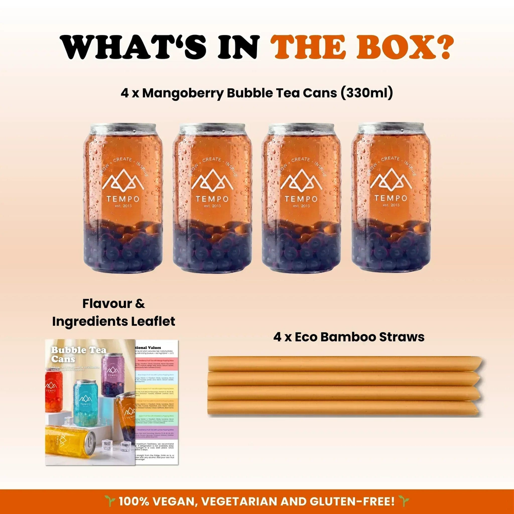 Tempo Tea Bar Bubble Tea Bubble Tea Cans | Mangoberry Fruit Tea with Blueberry Popping Boba - 4 Pack (330ml)