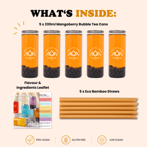 Tempo Tea Bar Bubble Tea Bubble Tea Cans | Mangoberry Fruit Tea with Blueberry Popping Boba - 5 Pack (330ml)