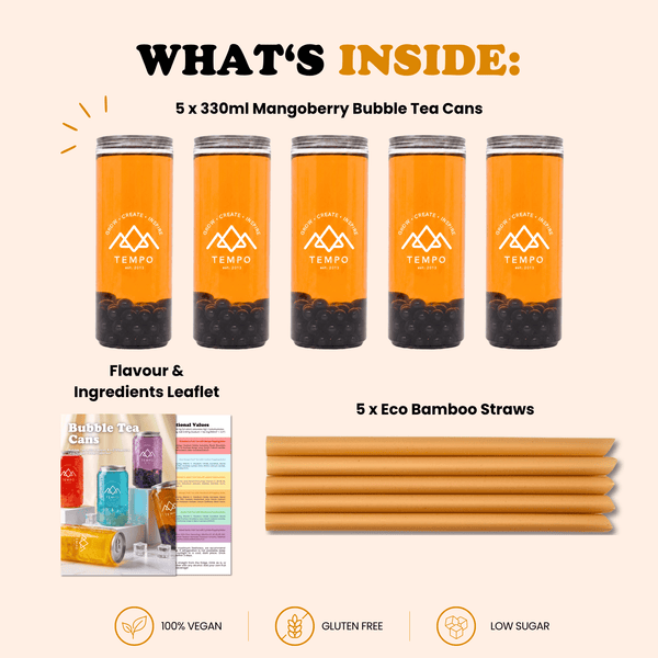 Tempo Tea Bar Bubble Tea Bubble Tea Cans | Mangoberry Fruit Tea with Blueberry Popping Boba - 5 Pack (330ml)