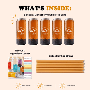 Tempo Tea Bar Bubble Tea Bubble Tea Cans | Mangoberry Fruit Tea with Blueberry Popping Boba - 5 Pack (500ml)