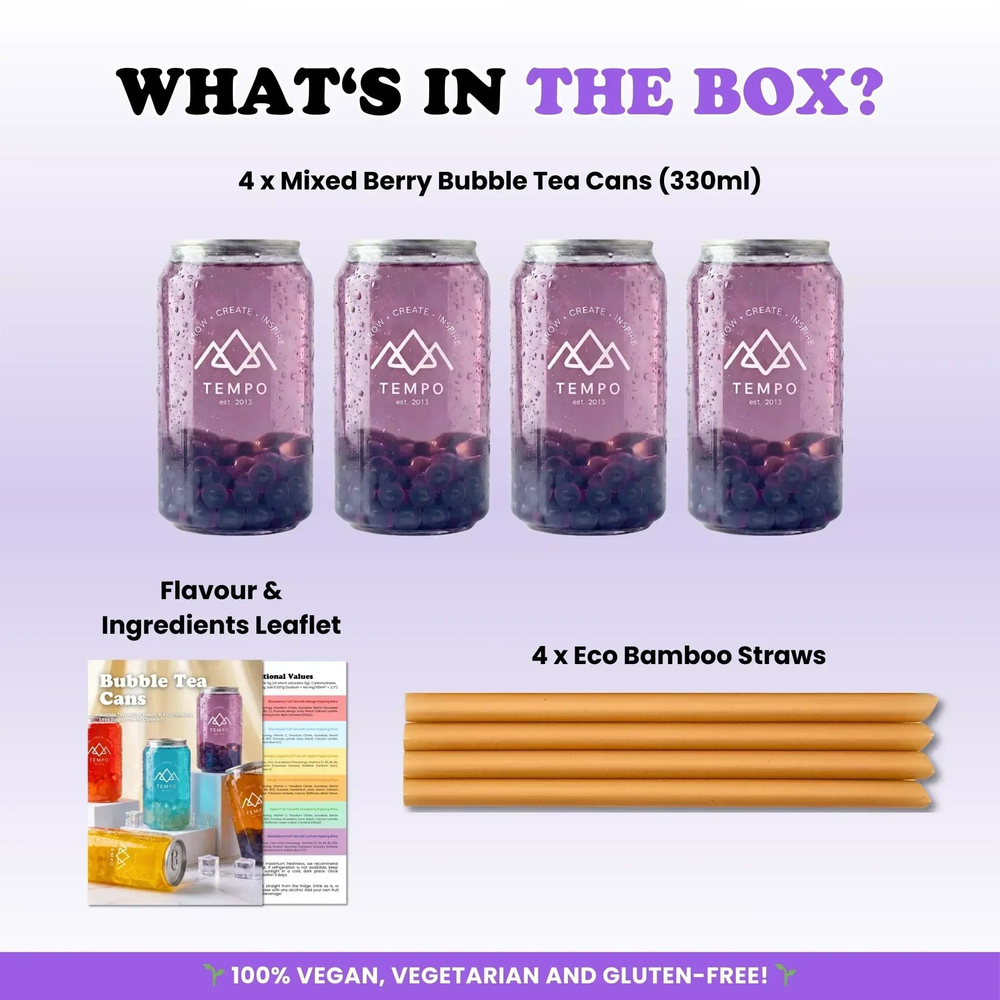 Tempo Tea Bar Bubble Tea Bubble Tea Cans | Mixed Berry Fruit Tea with Blueberry Popping Boba - 4 Pack (330ml)