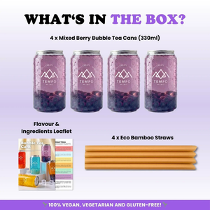 Tempo Tea Bar Bubble Tea Bubble Tea Cans | Mixed Berry Fruit Tea with Blueberry Popping Boba - 4 Pack (330ml)