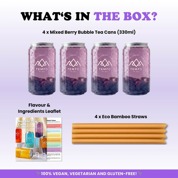 Tempo Tea Bar Bubble Tea Bubble Tea Cans | Mixed Berry Fruit Tea with Blueberry Popping Boba - 4 Pack (330ml)