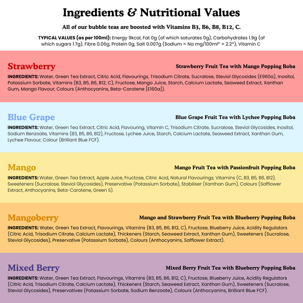 Tempo Tea Bar Bubble Tea Bubble Tea Cans | Mixed Berry Fruit Tea with Blueberry Popping Boba - 4 Pack (330ml)