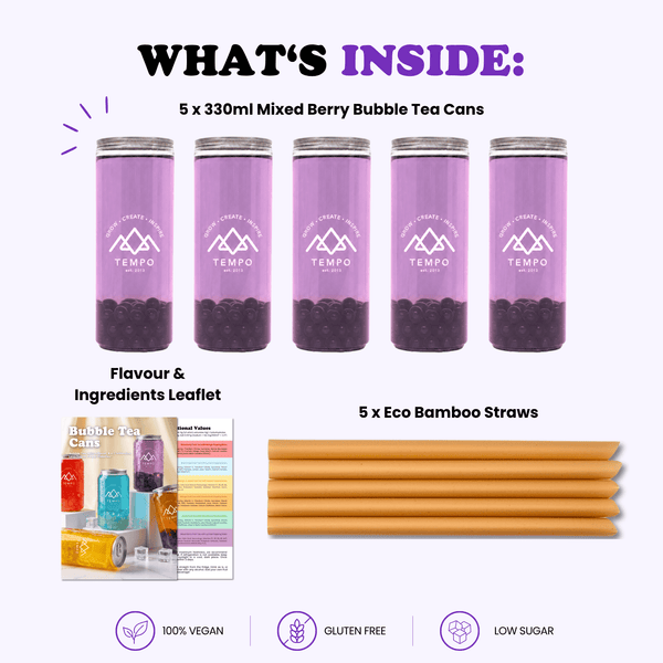 Tempo Tea Bar Bubble Tea Bubble Tea Cans | Mixed Berry Fruit Tea with Blueberry Popping Boba - 5 Pack (330ml)