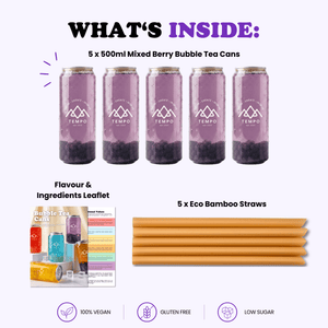 Tempo Tea Bar Bubble Tea Bubble Tea Cans | Mixed Berry Fruit Tea with Blueberry Popping Boba - 5 Pack (500ml)