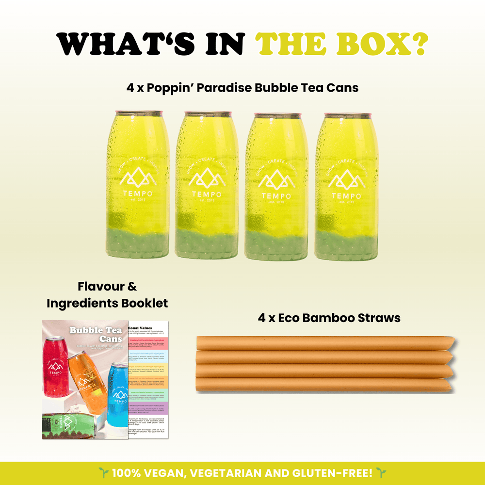 Tempo Tea Bar Bubble Tea Bubble Tea Cans | Poppin' Paradise (Mango & Apple Fruit Tea with Apple Popping Boba) - 4 Pack