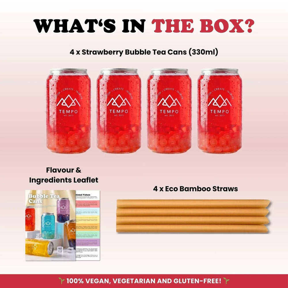 Tempo Tea Bar Bubble Tea Bubble Tea Cans | Strawberry Fruit Tea with Mango Popping Boba - 4 Pack (330ml)