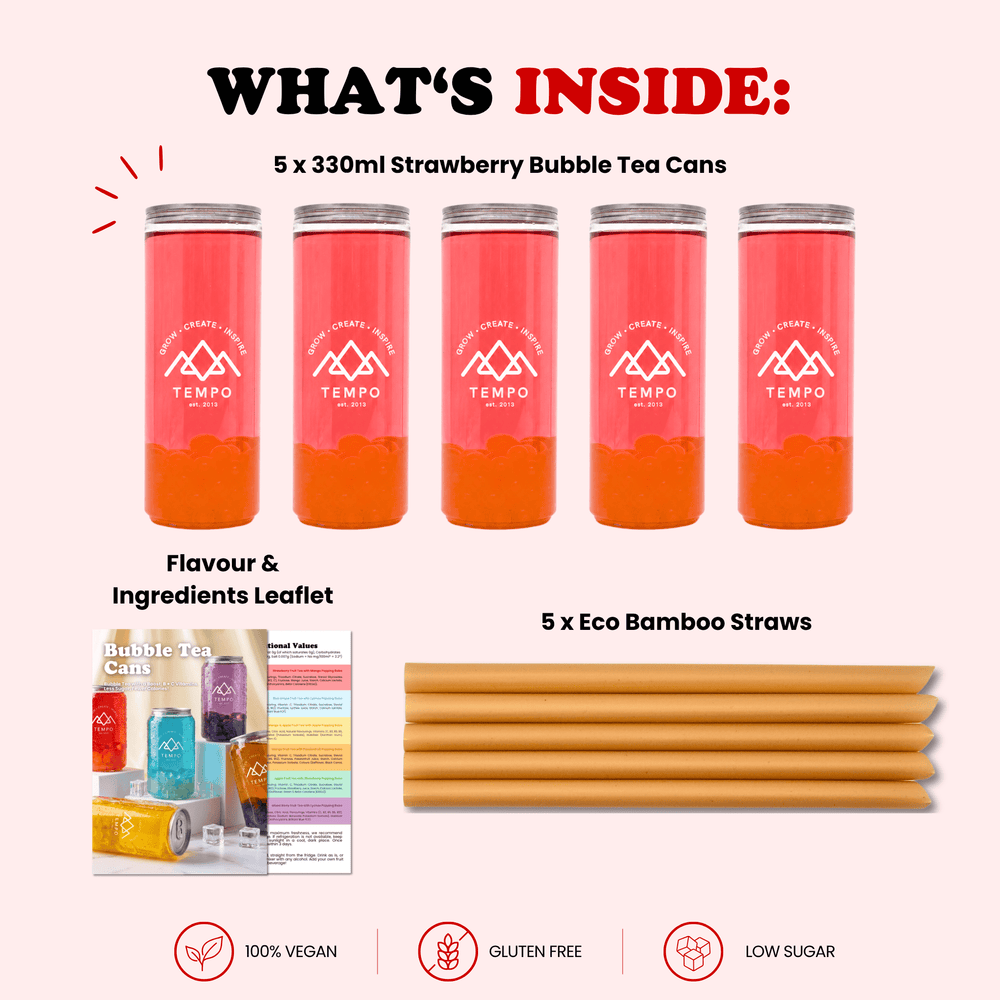 Tempo Tea Bar Bubble Tea Bubble Tea Cans | Strawberry Fruit Tea with Mango Popping Boba - 5 Pack (330ml)