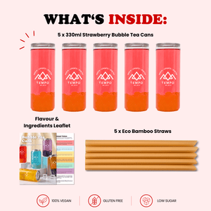 Tempo Tea Bar Bubble Tea Bubble Tea Cans | Strawberry Fruit Tea with Mango Popping Boba - 5 Pack (330ml)