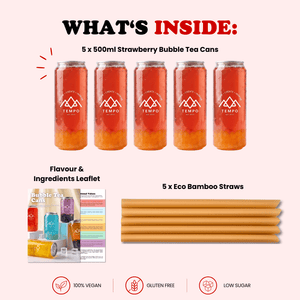 Tempo Tea Bar Bubble Tea Bubble Tea Cans | Strawberry Fruit Tea with Mango Popping Boba - 5 Pack (500ml)