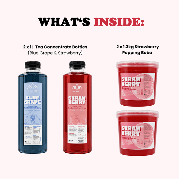 Tempo Tea Bar Bubble Tea Bundle Box | Blue Grape & Strawberry Bubble Tea Party Bundle (80 Servings)
