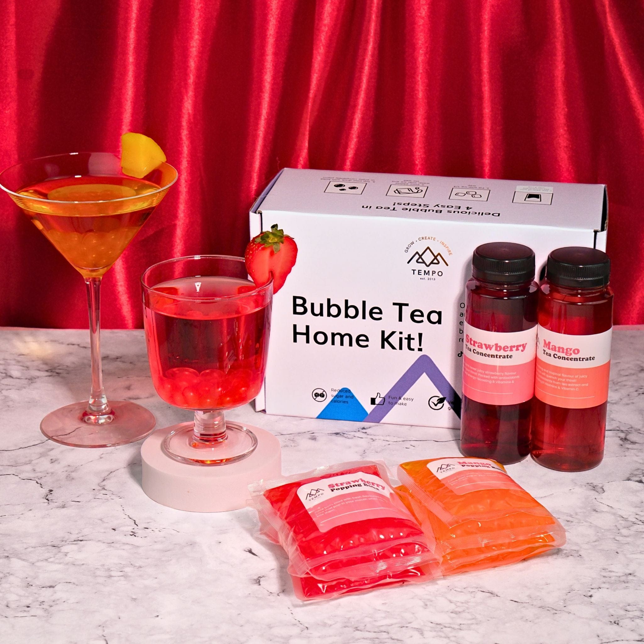 Tempo Tea Bar Bubble Tea Kit Bubble Tea Kit | Mango & Strawberry Fruit Tea with Popping Boba (serves 16)