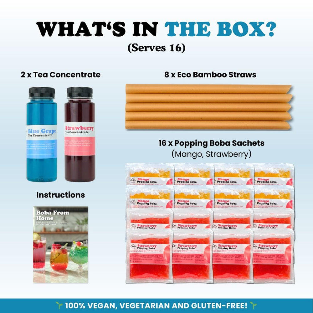 Tempo Tea Bar Bubble Tea Kit Bubble Tea Kit | Strawberry & Blue Grape Fruit Tea with Popping Boba (serves 16)