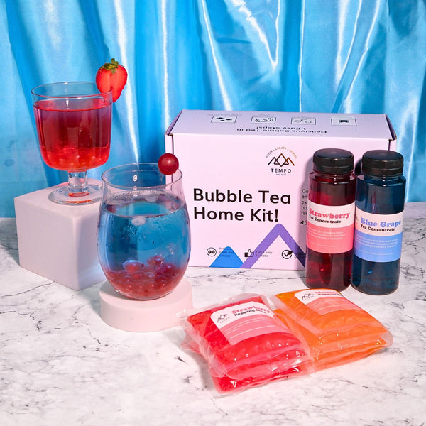 Tempo Tea Bar Bubble Tea Kit Bubble Tea Kit | Strawberry & Blue Grape Fruit Tea with Popping Boba (serves 16)
