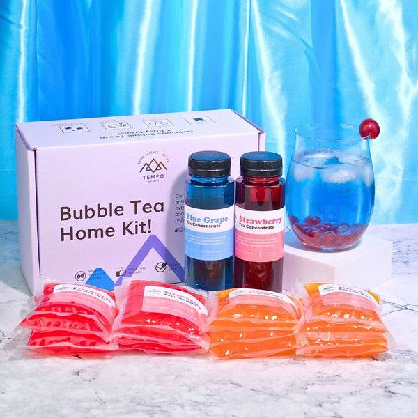 Tempo Tea Bar Bubble Tea Kit Bubble Tea Kit | Strawberry & Blue Grape Fruit Tea with Popping Boba (serves 16)
