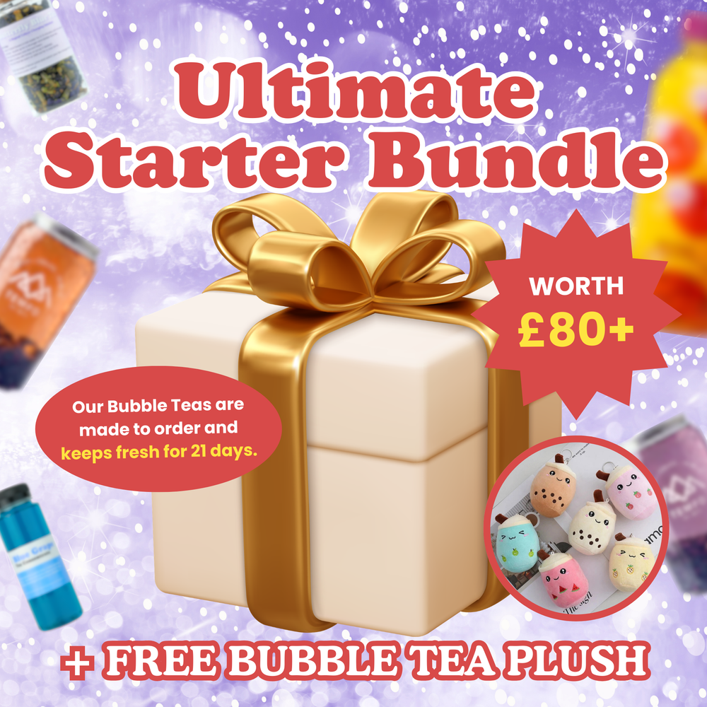 Ultimate Bubble Tea Starter Bundle with various drinks and products on a white background